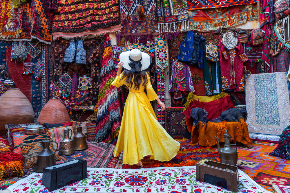 beautiful girl traditional carpet shop goreme city cappadocia turkey